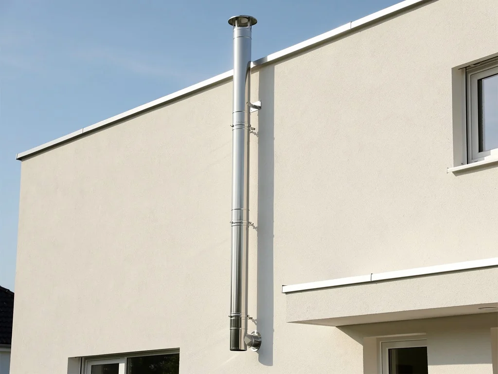 Tubage inox d'évacuation des fumées fixé sur une façade crépie claire
