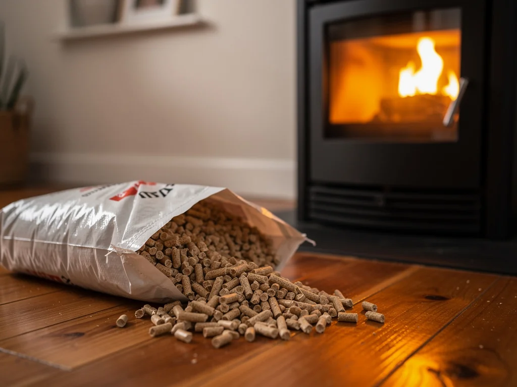 Sac de granulés de bois ouvert près d'un poêle en fonctionnement